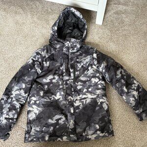 COLUMBIA Grey Black Camo Winter Jacket Size Small 8 Coat Snowsuit Snow Hood